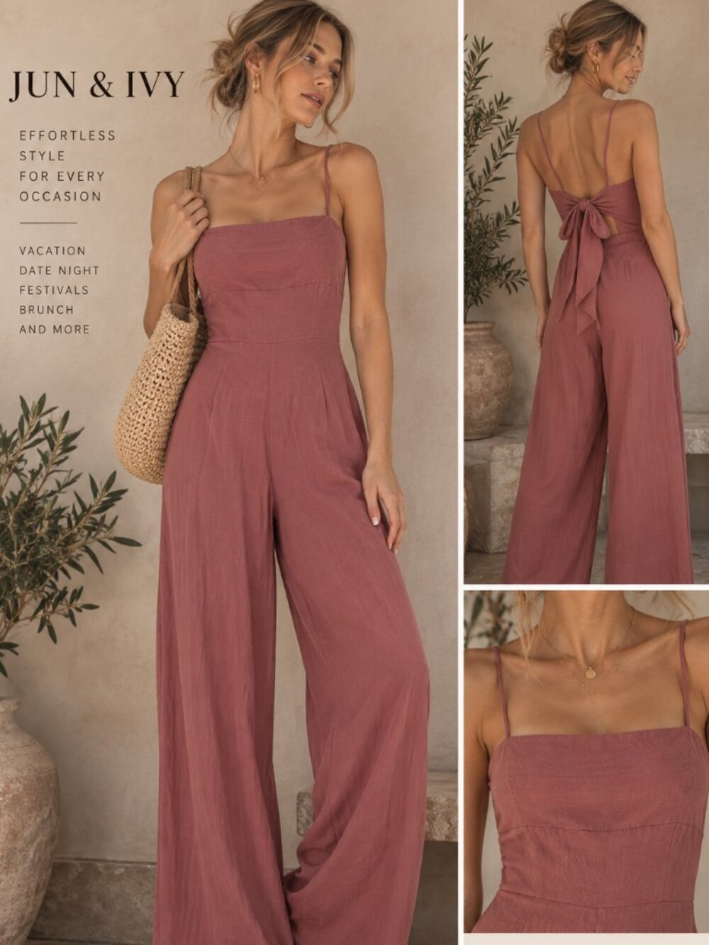 Jun & Ivy Open Tie Back Linen Blend Wide Leg Spaghetti Strap Jumpsuit XS